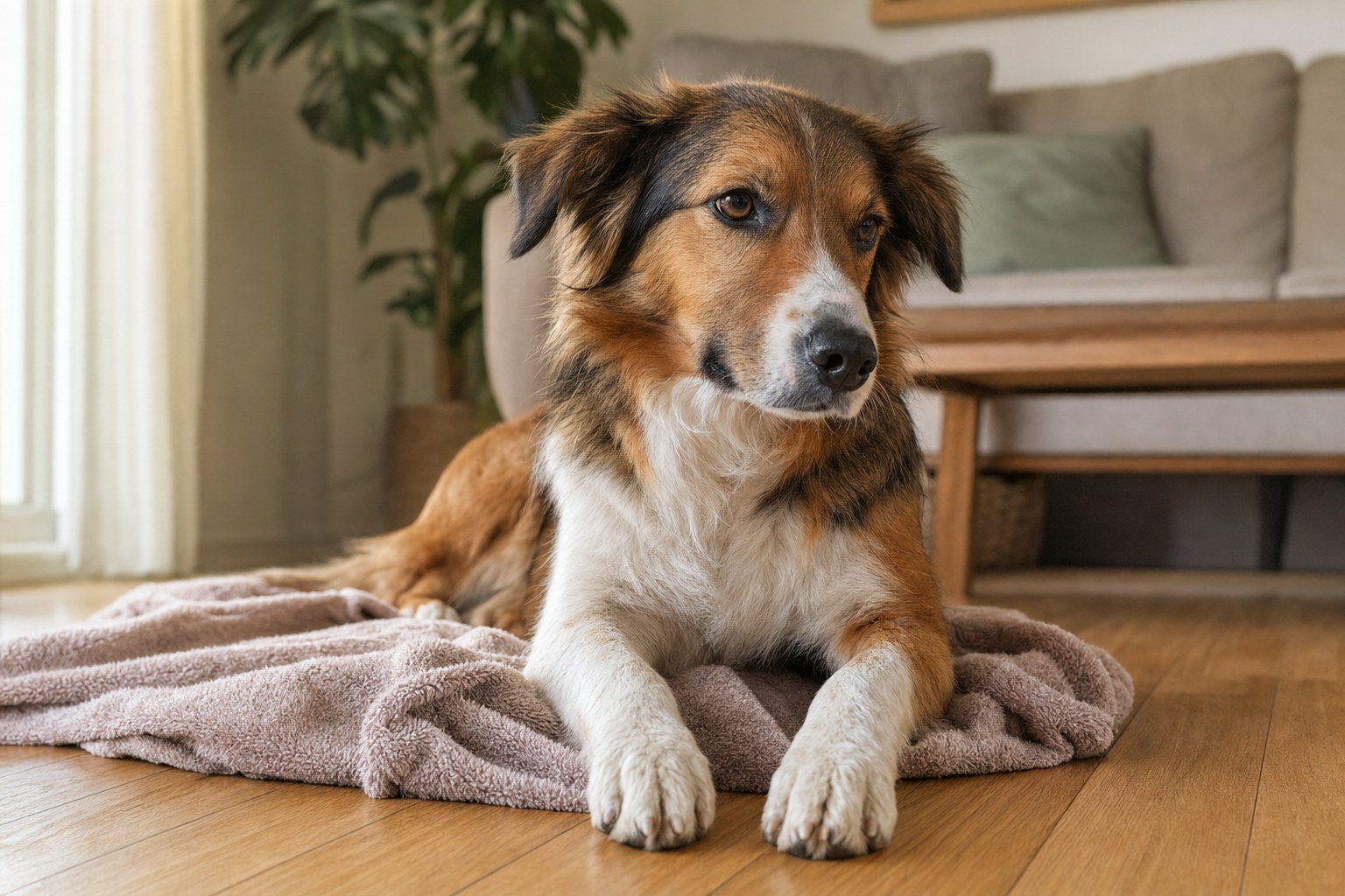 A clean, dry dog resting comfortably on a towel after a walk