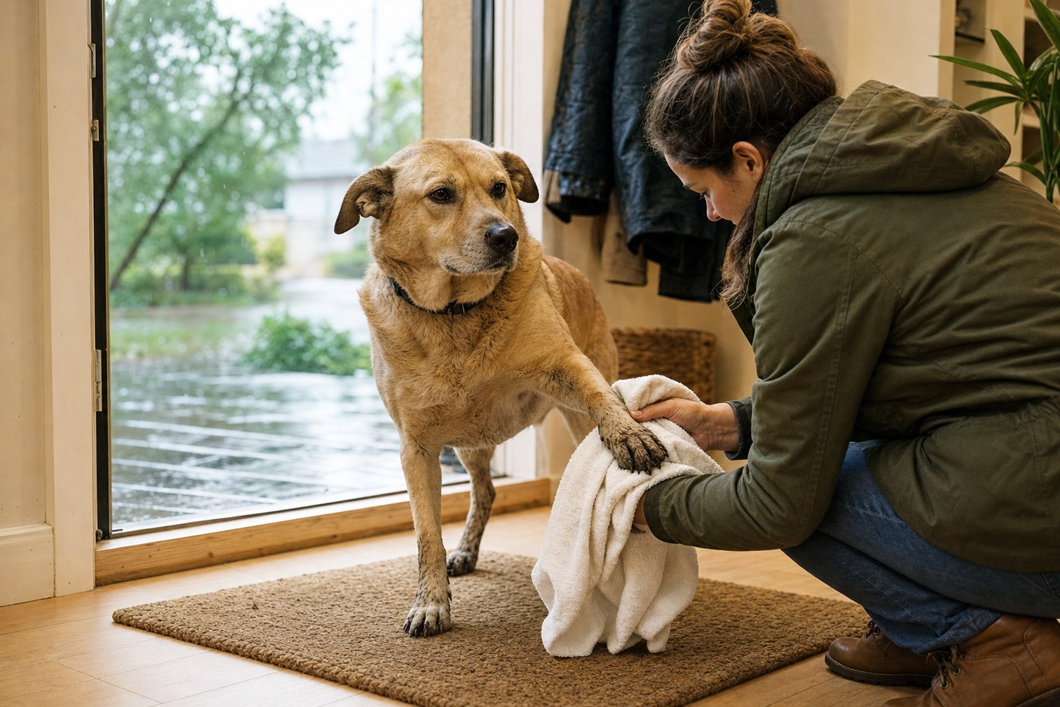 A dog owner gently drying a muddy dog's paw at the front door
