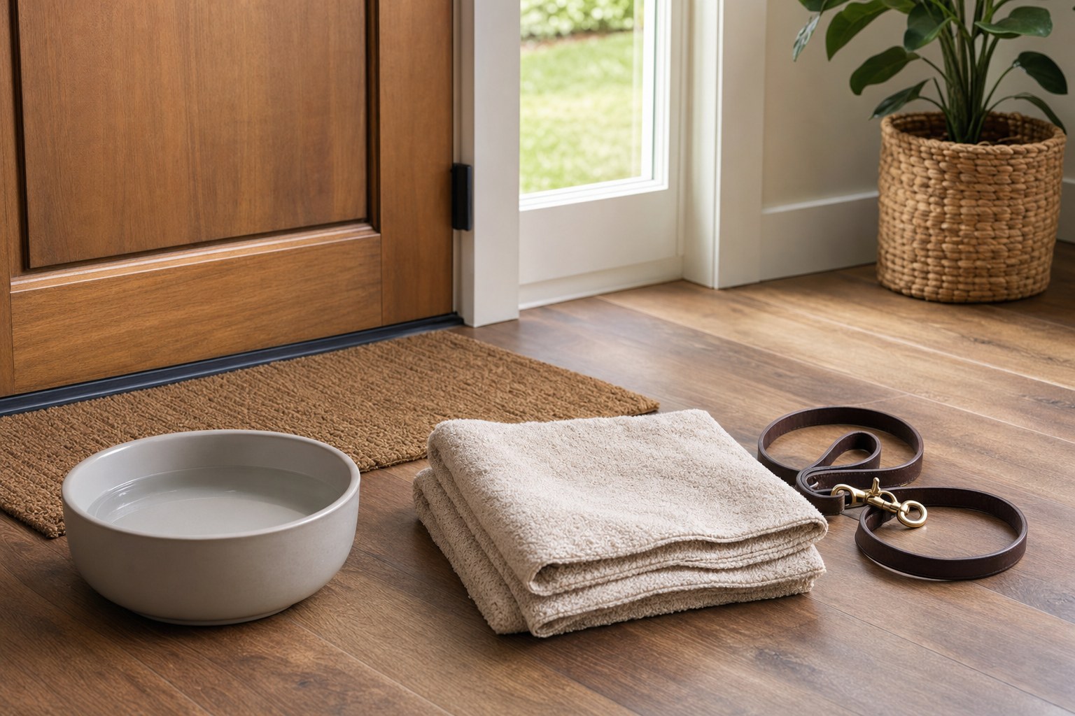 A simple dog paw-cleaning station with towels, water, and a leash by a front door